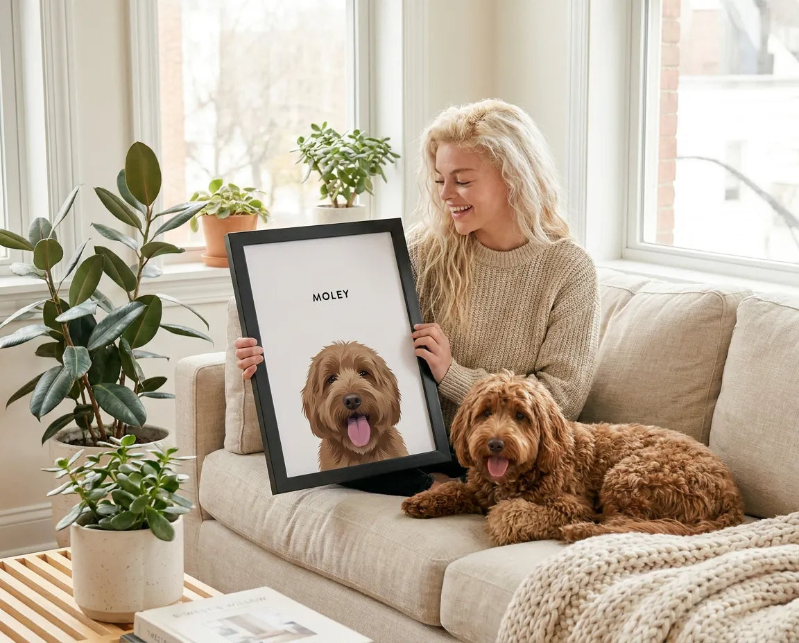 Artist illustrated dog portraits displayed as premium Wilson & Milo wall art from a customer pet photo