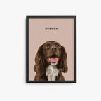 Framed artwork of a brown dog with 'Browny' text on a beige background