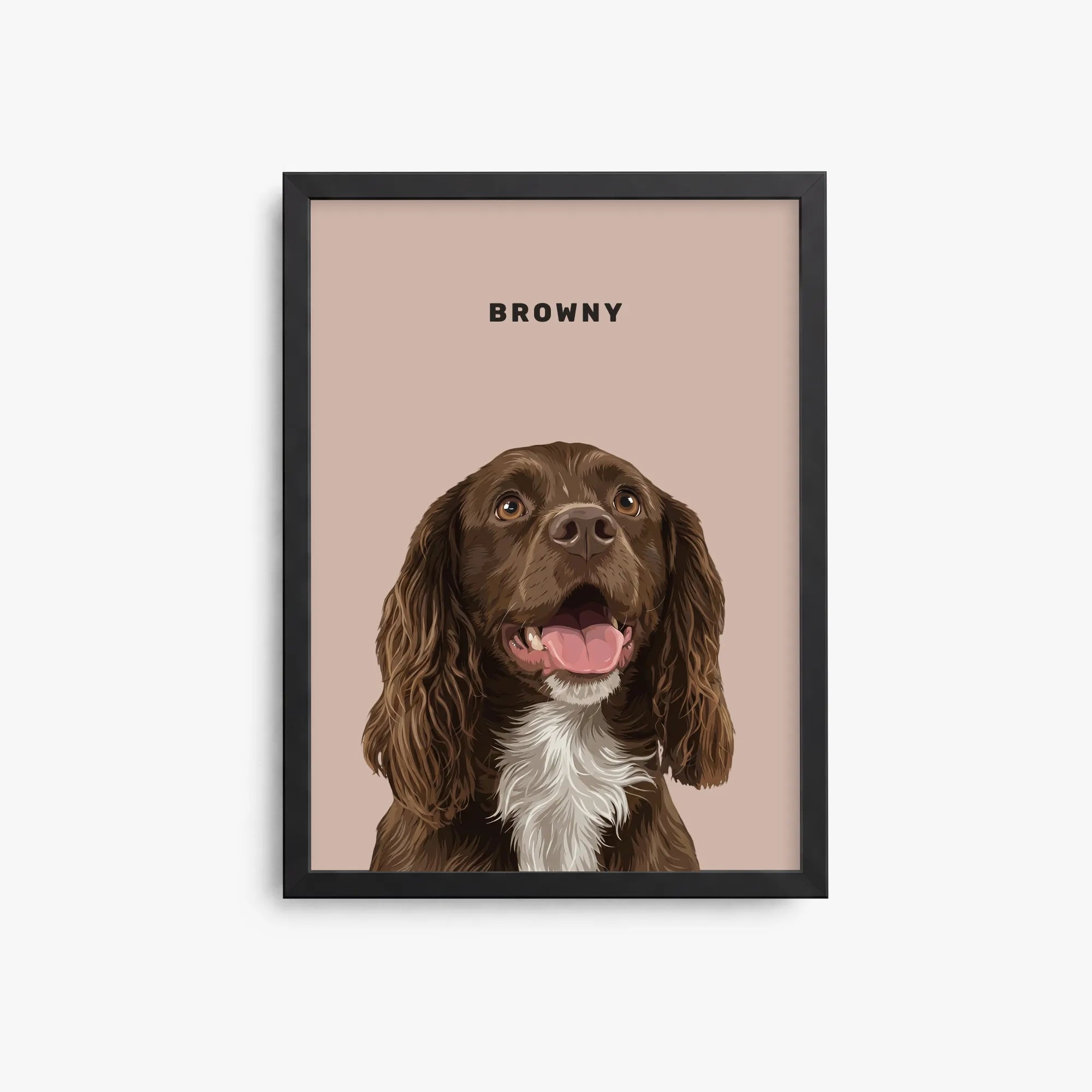 Framed artwork of a brown dog with 'Browny' text on a beige background