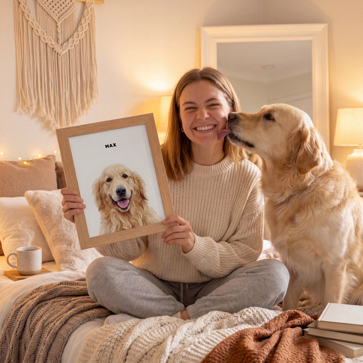 A woman sits cross-legged on a bed in a warmly lit bedroom, holding a framed custom pet portrait of a golden retriever named MAX. A real golden retriever licks her face beside her.