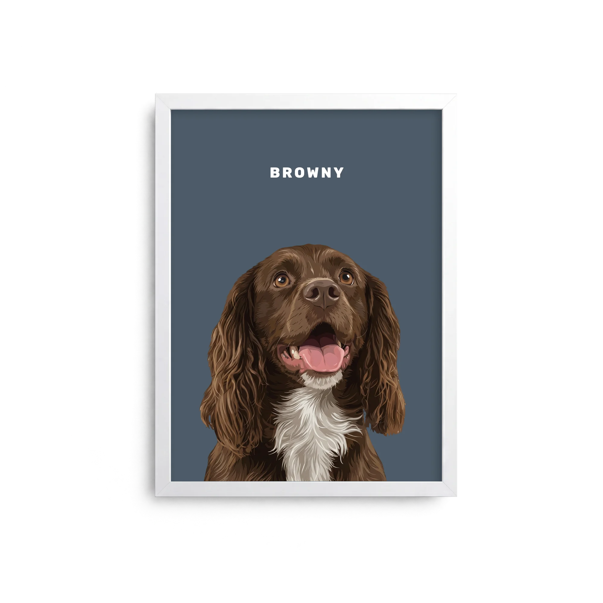 A framed pet portrait print featuring a brown and white dog on a muted blue-gray background with the name 'BROWNY' in white text at the top. The print is shown centered against a clean white background.